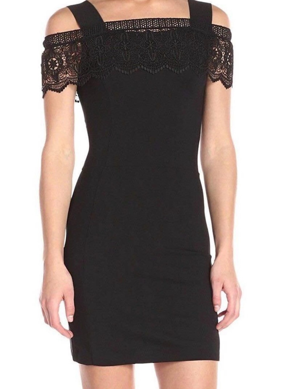 French Connection Black One-Shoulder Lace Trim Dress, size 2